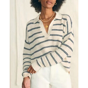 Faherty Miramar Linen Polo Sweater Cream with Navy Blue Stripes Large